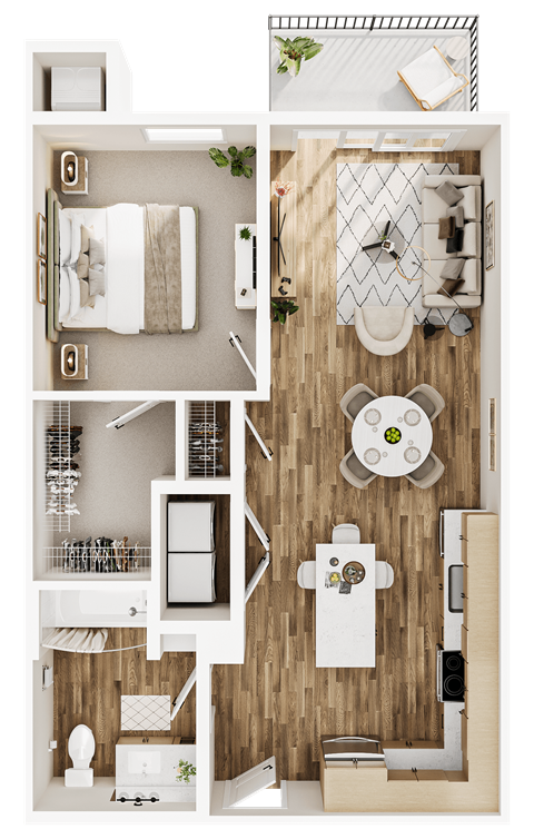 Floor plan for 1 bed, 1 bath, 729 sqft
